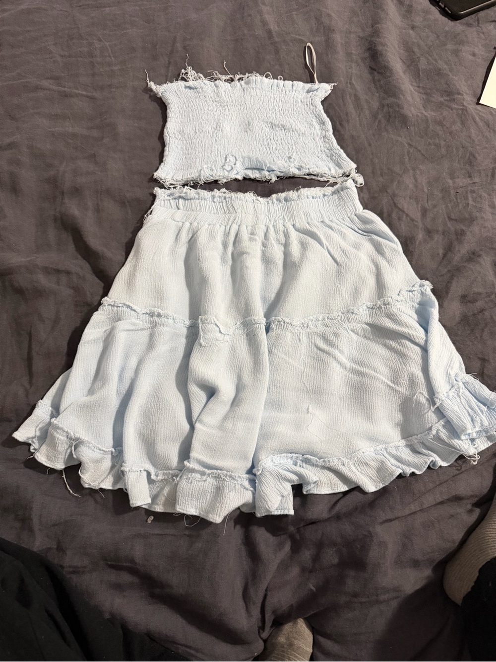 Showpo Light Blue Smocked Crop Top & Ruffle Tiered Skirt Set